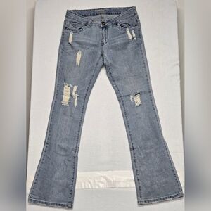 Fusion 13 Distressed Jeans Bootcut Stretch Distressed Rips Holes Mid Rise Long